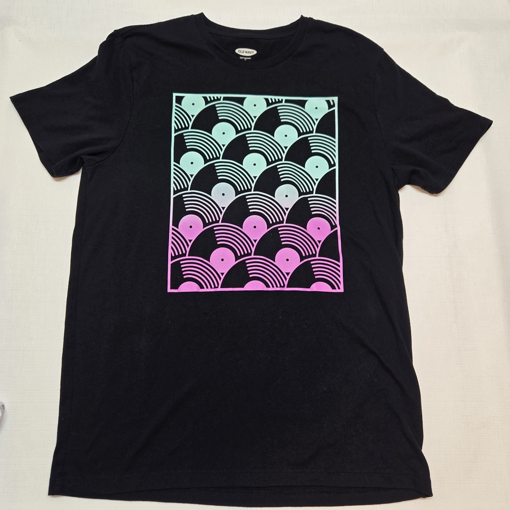 Old Navy Black Tee with Blue and Pink Pattern